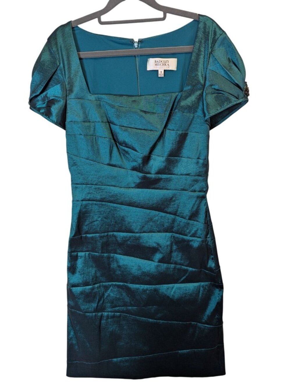 Badgley Mischka Dress 10 Malachite Green Pleated Satin Cocktail Formal Elegant